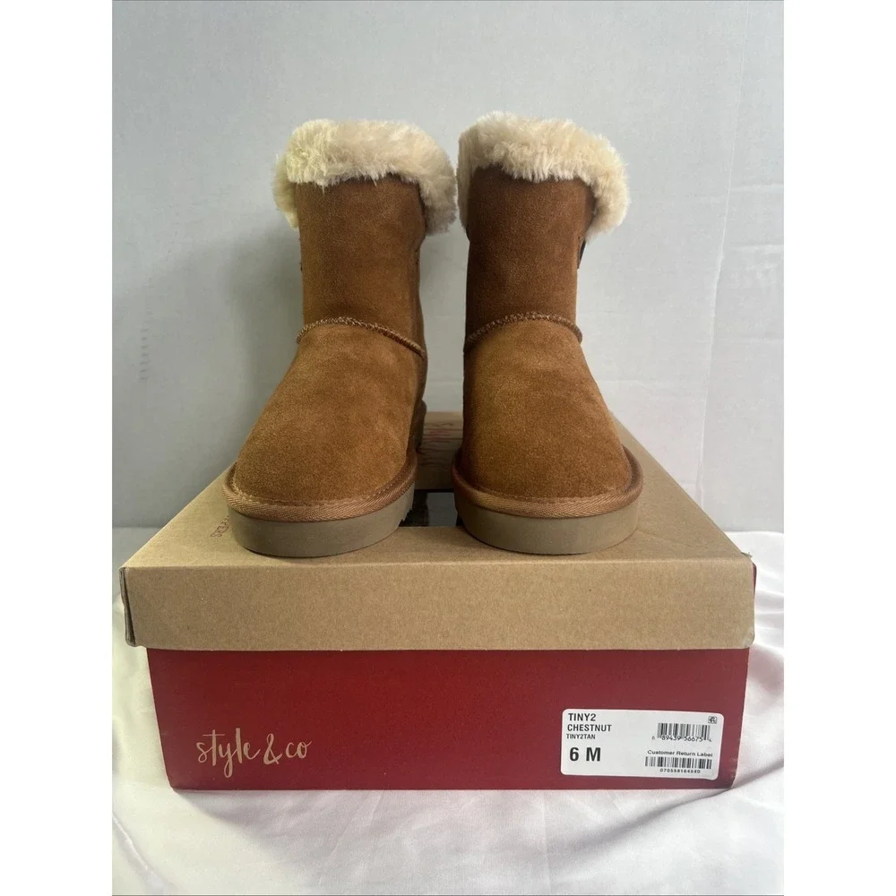 Style & Co Tiny2 Chestnut Genuine Suede Winter Boots Faux Leather w/ Box Size 6M